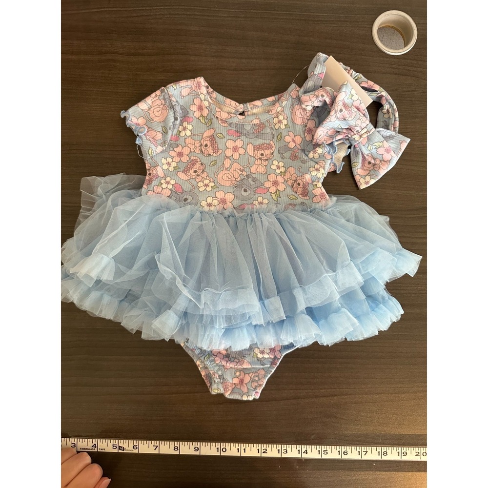 Disney Baby Stitch Tutu Bodysuit Dress Blue Pink Floral 12M NWT